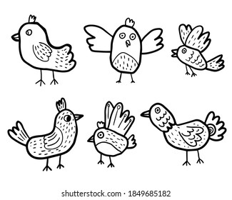 Cartoon chicken and chicks. Bird set in doodle style isolated on white background. Farm animals. Vector illustration.    