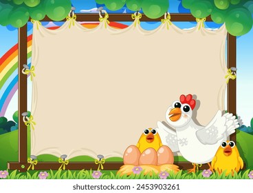 Cartoon chicken and chicks with a rainbow backdrop.