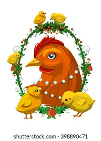 Cartoon chicken with chicks. Vector illustration