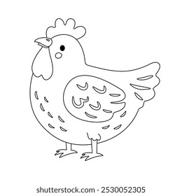 Dibujo de pollo de dibujos animados para colorear. Página para colorear de pollo simple para niños. Lindo pollo de dibujos animados con un contorno, ideal para los primeros alumnos y la creatividad de los niños.