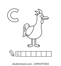 Cartoon chicken coloring pages. Learning game for small children - write a word in English language. Vector alphabet for kids