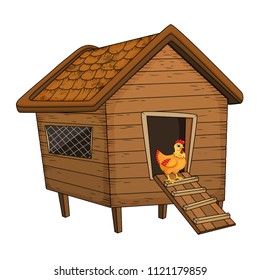 Cartoon Chicken Coop And Hen Isolated On White Background