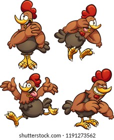 Cartoon chicken in different poses. Vector clip art illustration with simple gradients. Each on a separate layer. 
