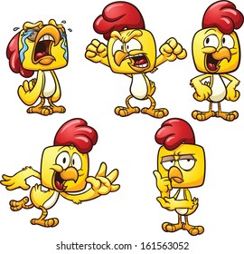 Cartoon chicken in different poses. Vector clip art illustration with simple gradients. Each pose on a separate layer. 