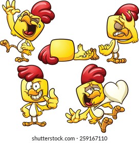 Cartoon chicken in different poses. Vector clip art illustration with simple gradients. Each on a separate layer. 