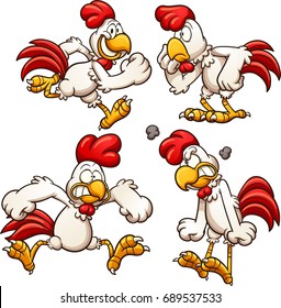 Cartoon chicken with different poses. Vector clip art illustration with simple gradients. Each on a separate layer. 