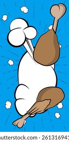 Cartoon chicken drumstick and thigh with blank speech bubble, comic book Food background. Retro vector comics pop art design.