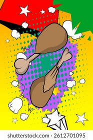 Cartoon chicken drumstick and thigh, comic book Food. Retro vector comics pop art design.