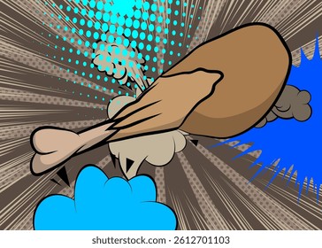 Cartoon chicken drumstick and thigh, comic book Food. Retro vector comics pop art design.
