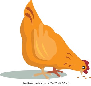 A cartoon chicken eating seeds.