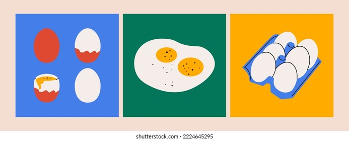 Cartoon chicken eggs. Abstract cards with boiled protein yolk eggs in carton boxes, organic food. Vector isolated set