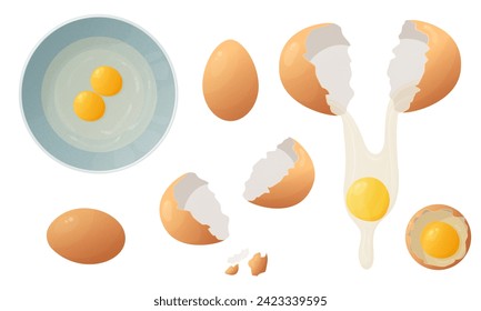 Huevos de pollo de dibujos animados. Huevos frescos, huevos rotos, concha de huevo. Conjunto de ilustraciones de alimentos para granjas orgánicas. Abrir una bolsa de papel, cocinar