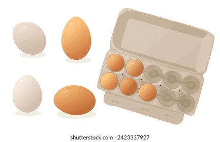 Cartoon chicken eggs. Fresh eggs in a cardboard box. Organic farm food illustration set. Open a paper bag, cooking