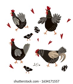 Cartoon chicken and eggs isolated. Vector.