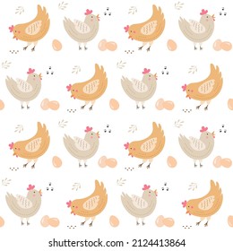 Cartoon chicken, eggs and leaves seamless pattern. Cute hens wallpaper. Farm animals theme background. Vector flat illustration. 