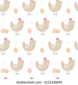 Cartoon chicken and eggs seamless pattern. Cute hen wallpaper. Farm animals theme. Flat vector illustration on white background. 