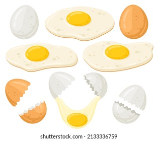 Cartoon chicken eggs vector illustration set. Fresh, fried eggs, broken eggs. Organic farm food isolated on white background