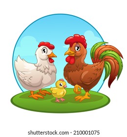 Cartoon chicken family, vector illustration