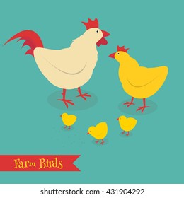 Cartoon chicken family, vector illustration. Farm birds