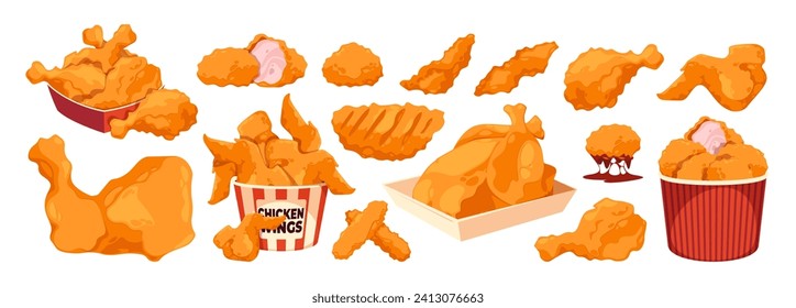 Cartoon chicken fast food. Delicious roasted whole chicken, tasty nugget and leg roasted snack, cafe takeaway and restaurant food. Vector isolated set of chicken meat delicious illustration