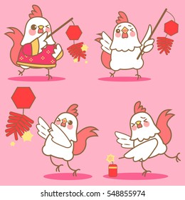 cartoon chicken with firecracker for happy chinese new year firecracker
