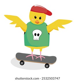 Cartoon chicken funny character for kid design playing on skateboard; dressed character of a chick goes with a skateboard