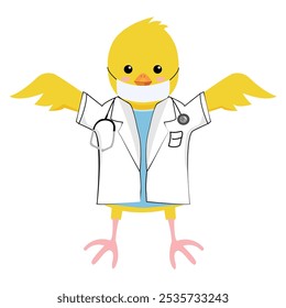 Cartoon chicken funny character for kids design dressed as a doctor; Can be used as logo, icon, sticker, label, clipart