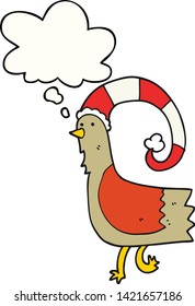cartoon chicken in funny christmas hat with thought bubble
