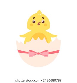 Cartoon chicken hatched out of an egg shell tied with bow. Vector flat illustration.