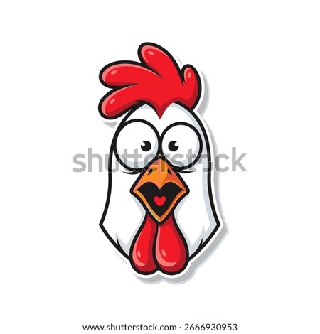 Cartoon chicken head isolated on white background, featuring a funny and cute rooster face with a red crest, perfect for farm animal or poultry themed designs