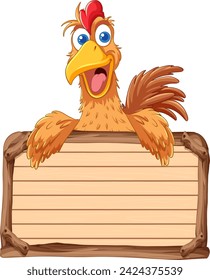 Cartoon chicken holding a blank wooden sign.