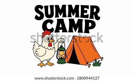 Cartoon chicken holding a lantern beside an orange tent with Summer Camp text on a white background.