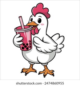 Un pollo de dibujos animados sosteniendo una taza rosa de té de burbujas