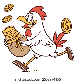 A cartoon chicken joyfully carries a bag of money with coins flying around.