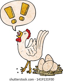 cartoon chicken laying egg with speech bubble in retro texture style