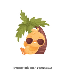 Cartoon chicken lies under a palm tree. Vector illustration on white background.