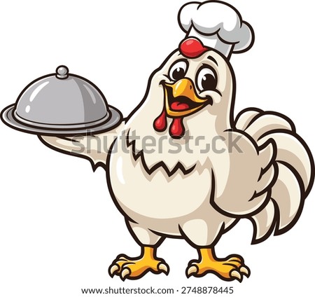Cartoon chicken mascot carrying a serving tray and wearing a chef's hat