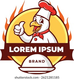 Mascote de frango de desenho animado, chapéu de chef, gravata borboleta vermelha, segurando prato de comida, polegares para cima gesto, fundo ardente, cores brilhantes, expressão alegre