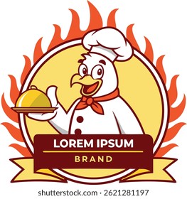 Cartoon chicken mascot, chef hat, red bow tie, holding food platter, thumbs up gesture, fiery background, bright colors, cheerful expression