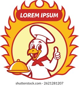 Cartoon chicken mascot, chef hat, red bow tie, holding food platter, thumbs up gesture, fiery background, bright colors, cheerful expression