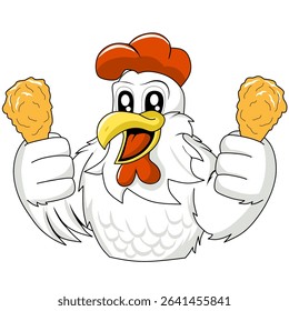 cartoon chicken mascot with expression holding two fried chickens in hand