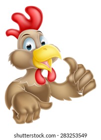 A cartoon chicken mascot giving a thumbs up