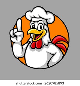 Cartoon chicken mascot pointing one finger up, symbolizing idea or number one. Perfect for food logo, restaurant brand, fried chicken business, or fun promotional mascot design.