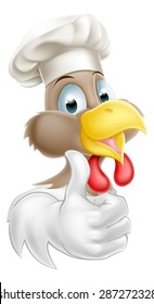 A cartoon chicken mascot wearing a chef hat and giving a thumbs up