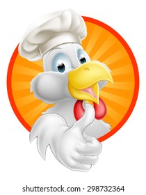 A cartoon chicken mascot wearing a chef hat and giving a thumbs up