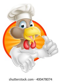 A cartoon chicken mascot wearing a chef or cooks hat and giving a thumbs up