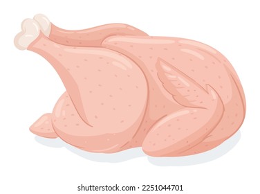 Carne de pollo con dibujos animados. Pollo crudo con patas y alas carne, pollo relleno listo para cocinar ilustraciones vectoriales planas sobre fondo blanco