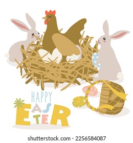 A cartoon chicken in the nest incubates eggs, and rabbits feed the painted eggs into the nest. A basket with eggs, a nest with a chicken. Cartoon illustration. Printing on a postcard, T-shirt.