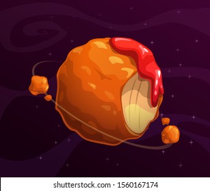 Cartoon chicken nuggets planet. Giant round nugget in the space. Vector fast food world concept.