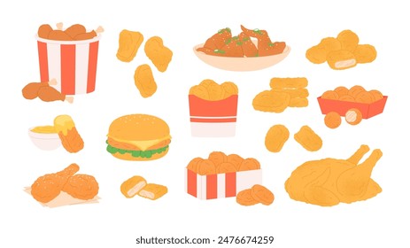 Cartoon chicken nuggets. Tasty wings legs stripes and fried crispy balls packing for eat to go. Burger and meat bucket, fast food racy vector clipart